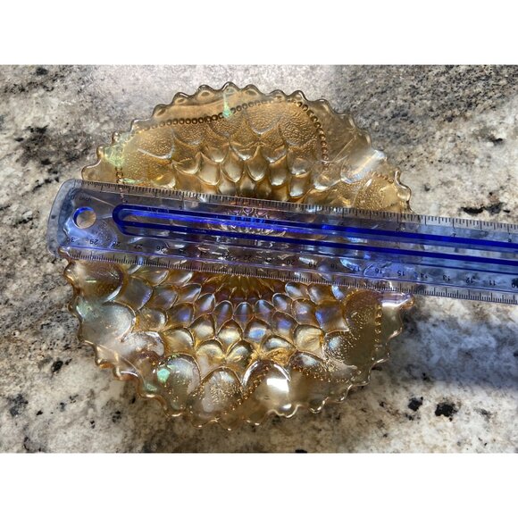 Vintage Iridescent Carnival Glass Bowl w/ Scalloped Edge & Brass Stand - Picture 2 of 5